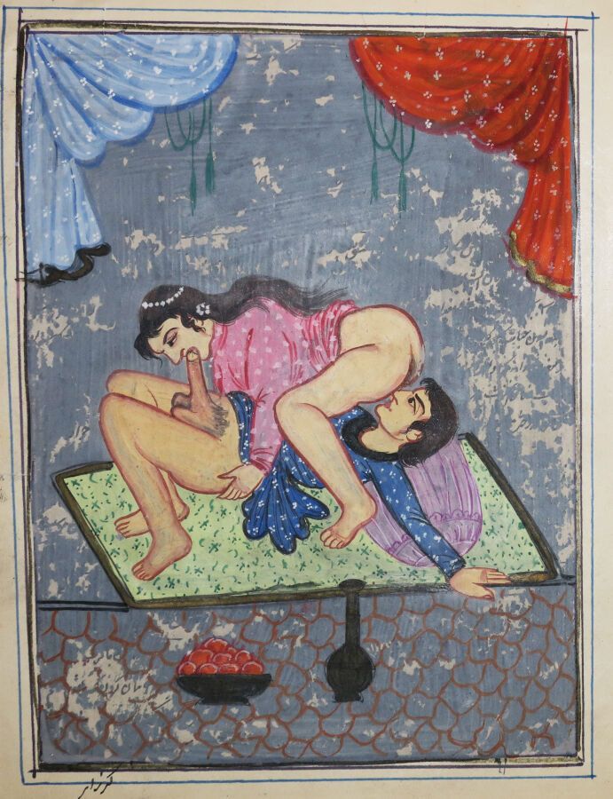 Null EROTICA - INDIAN GOUACHE - [Erotic scene] 。19世纪。水粉画在光面纸上。背面的文字。主题为18,3 x 13&hellip;