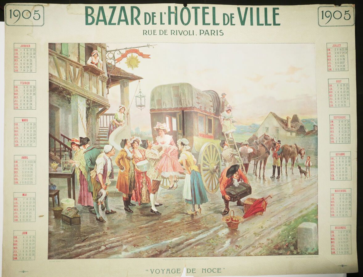 Null 1905年巴黎Rivoli街的HÔTEL DE VILLE BAZAR的宣传日历。彩色石版画，由巴黎的法国彩色石版画公司印刷出版。根据阿隆佐-佩雷斯的&hellip;