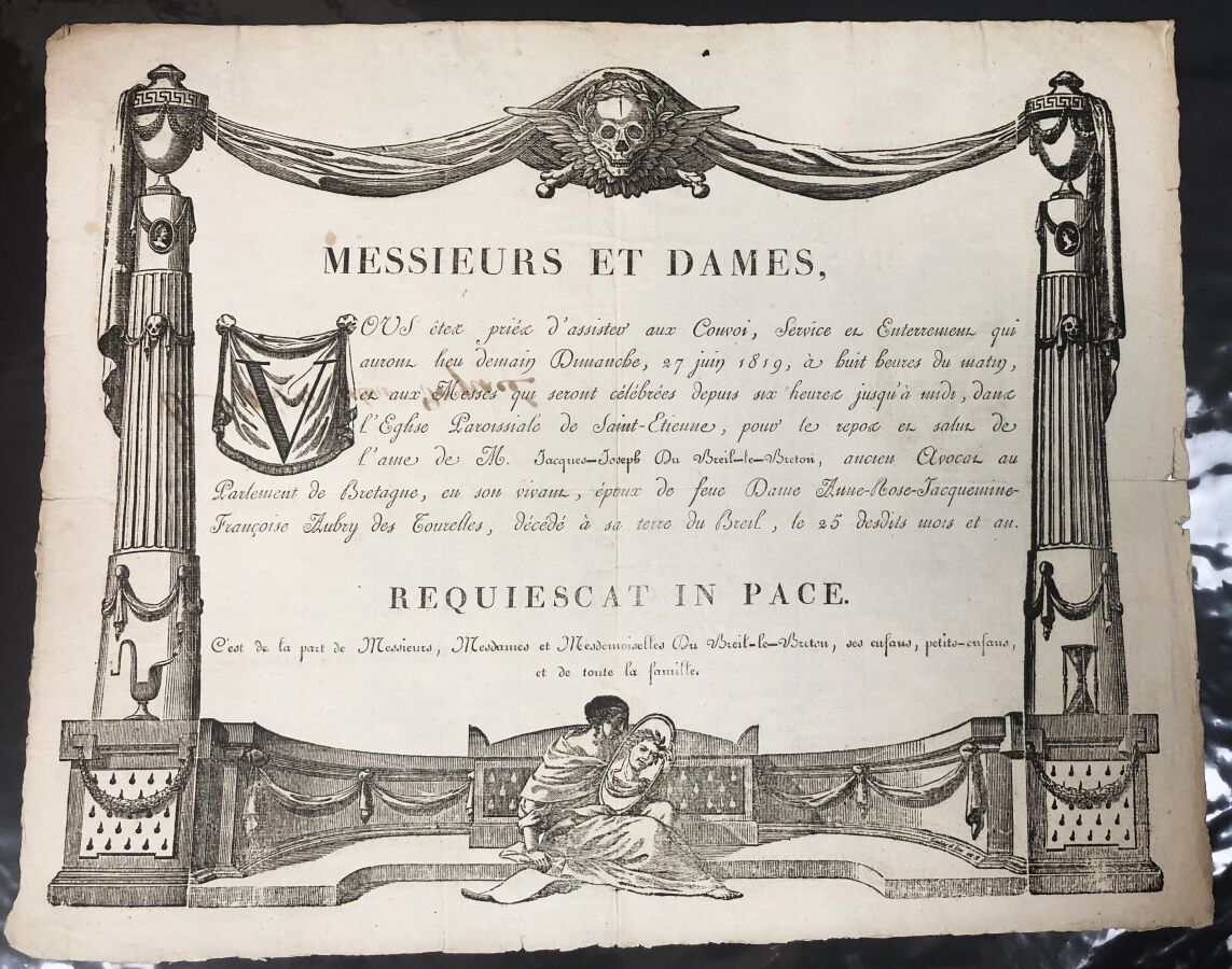 Null PLACARD MORTUAIRE 19ème - "Messieurs et Dames, Vous êtes priés d'assister a&hellip;