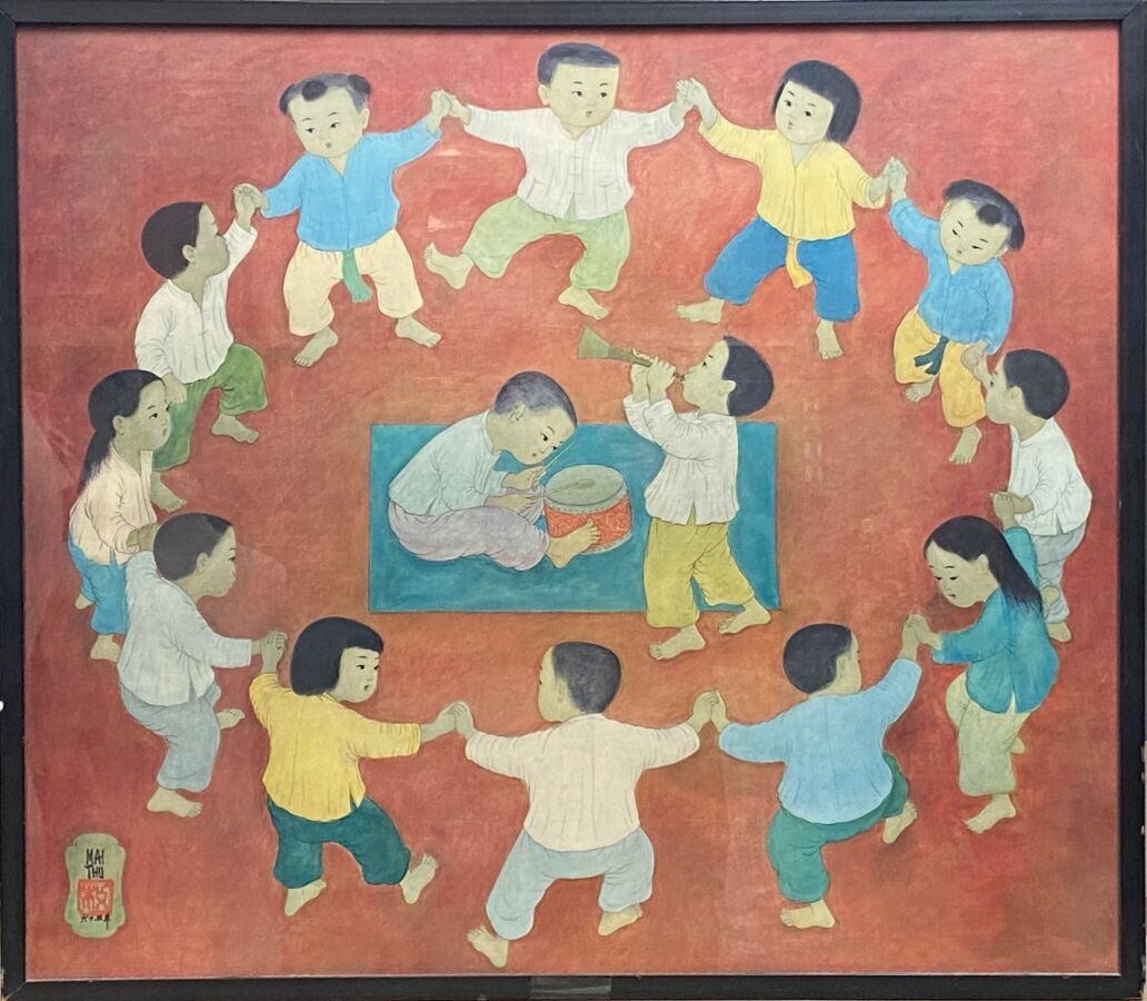 Null MAI THU (1906-1980) : « La Ronde d'enfants ». Tirage. 59 x 68 cm à vue