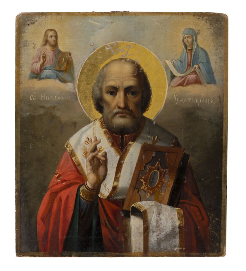 Null 图案。圣尼古拉斯，被基督和他的母亲包围。俄罗斯，19世纪中期。

26 x 23 cm.Икона Святой Николай Чудотворец&hellip;