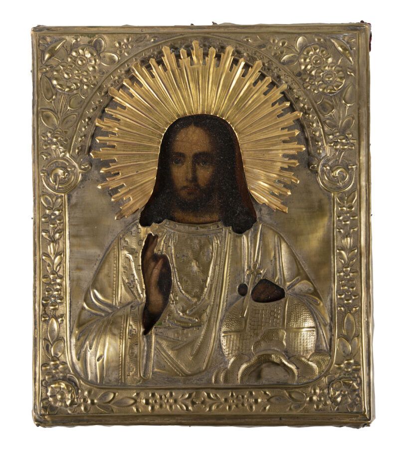 Null 图标。基督的祝福。俄罗斯，19世纪。

木板上的钢笔画。32 x 27厘米。
Brass oklad.Икона Господь Вседержите&hellip;