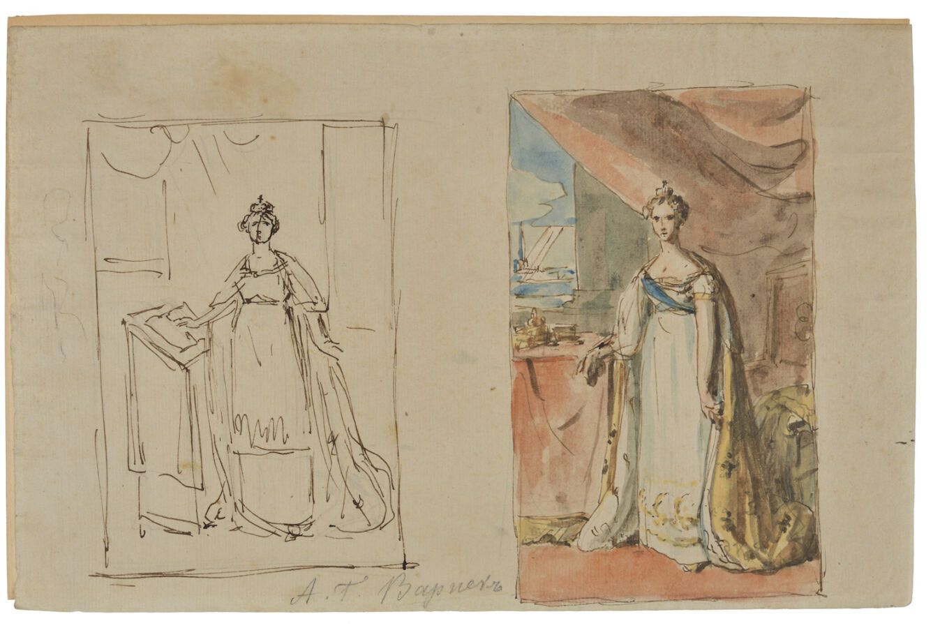 Null 让-洛朗-莫尼耶(？)。伊丽莎白-阿列克谢耶夫娜皇后的肖像。同一幅肖像的两幅草图。大约1810年。
纸上水彩画，21 x 32厘米。
有铅笔题词，将草&hellip;