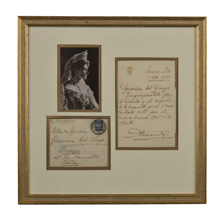 Null 亚历山大-费奥多罗夫娜女皇。签署给Ginevra del Lungo女士的亲笔信。Tsarskoe Selo，1915年2月1日。
12开的双页。左上&hellip;