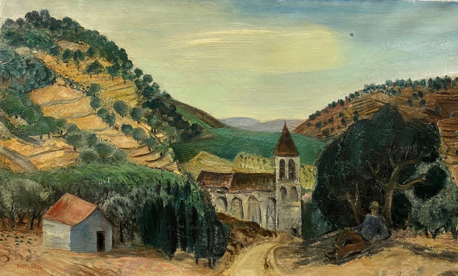 Null DARAGNES Jean Gabriel, 1886-1950, Église dans un paysage vallonné, huile su&hellip;