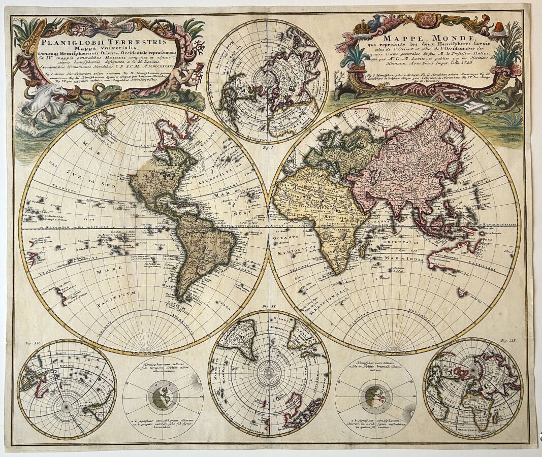 Null MAPPEMONDE 代表两个半球，即东半球和西半球，摘自霍曼继承人出版的四幅《火焰总图》[......]，并附有特权。Imper.1746 年"。罕&hellip;