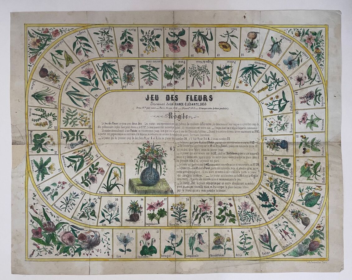 Null SCHEDA DI GIOCO - "Jeu de fleurs" - XIX secolo - Scheda di gioco sul tema d&hellip;