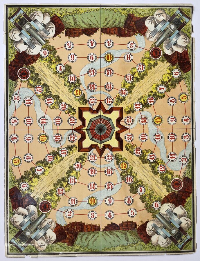 Null 游戏棋盘--"堡垒"--十九世纪--游戏棋盘，可与 4 名对手进行游戏，每个玩家可拥有 22 个方格，通向中央的堡垒。石版画。- 尺寸：高 505 毫&hellip;
