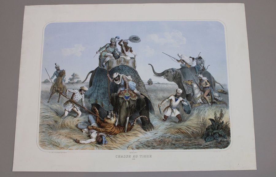 Null GRENIER Yves (XIXe). Chasse au tigre. Asie. Lithographie en couleurs. Épreu&hellip;