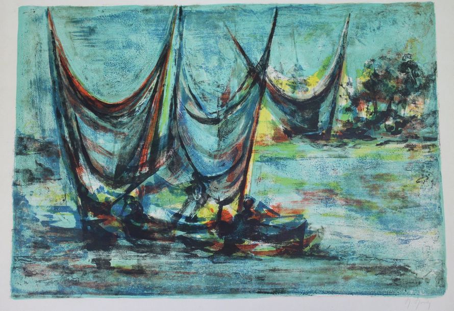 Null MOULY Marcel (1918-2008). [Bateaux de pêche]. Lithographie en couleurs. Epr&hellip;