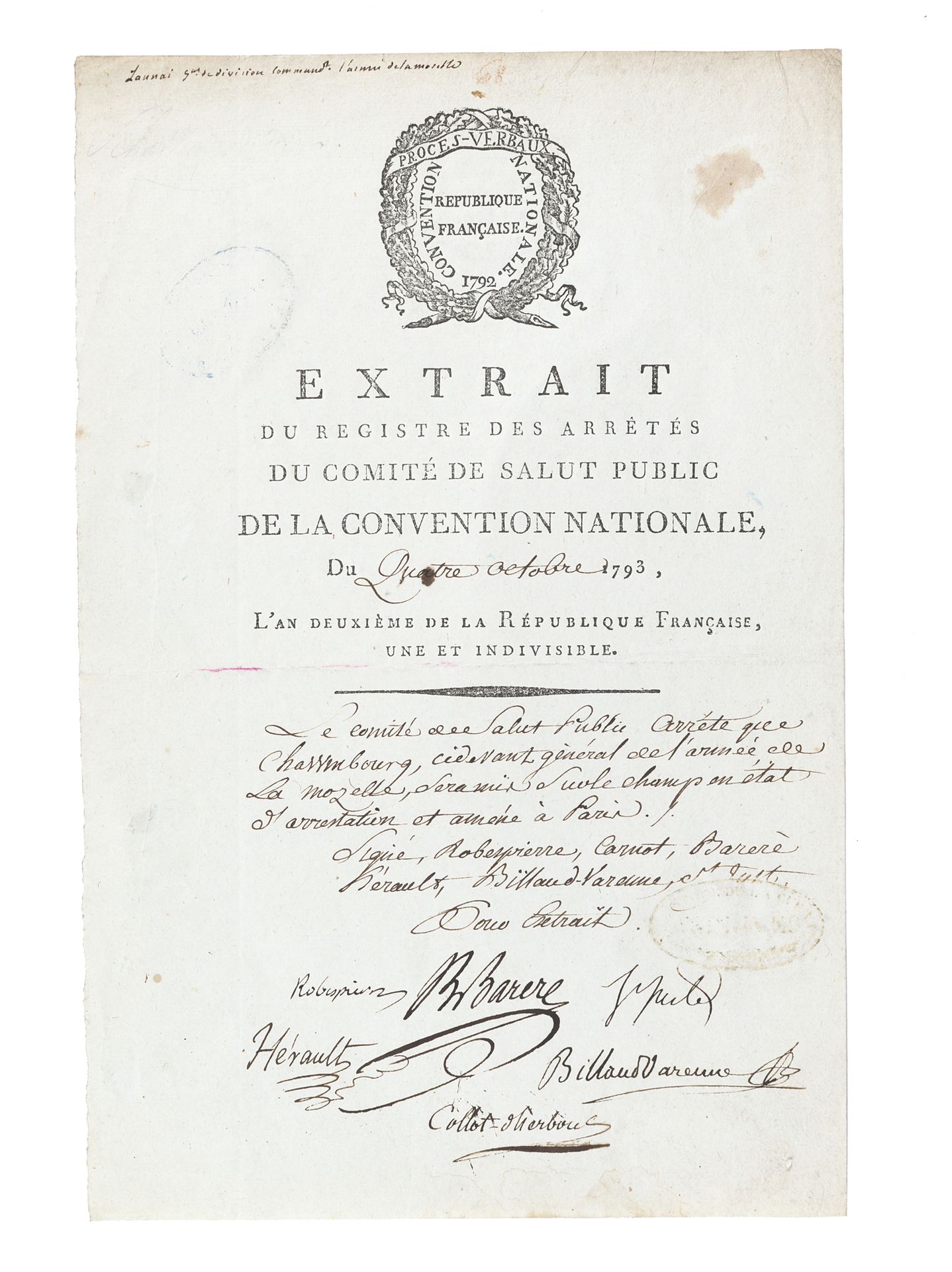 Null ROBESPIERRE, Maximillien (1758-1794); Comitè de Salut Public - Extrait du r&hellip;