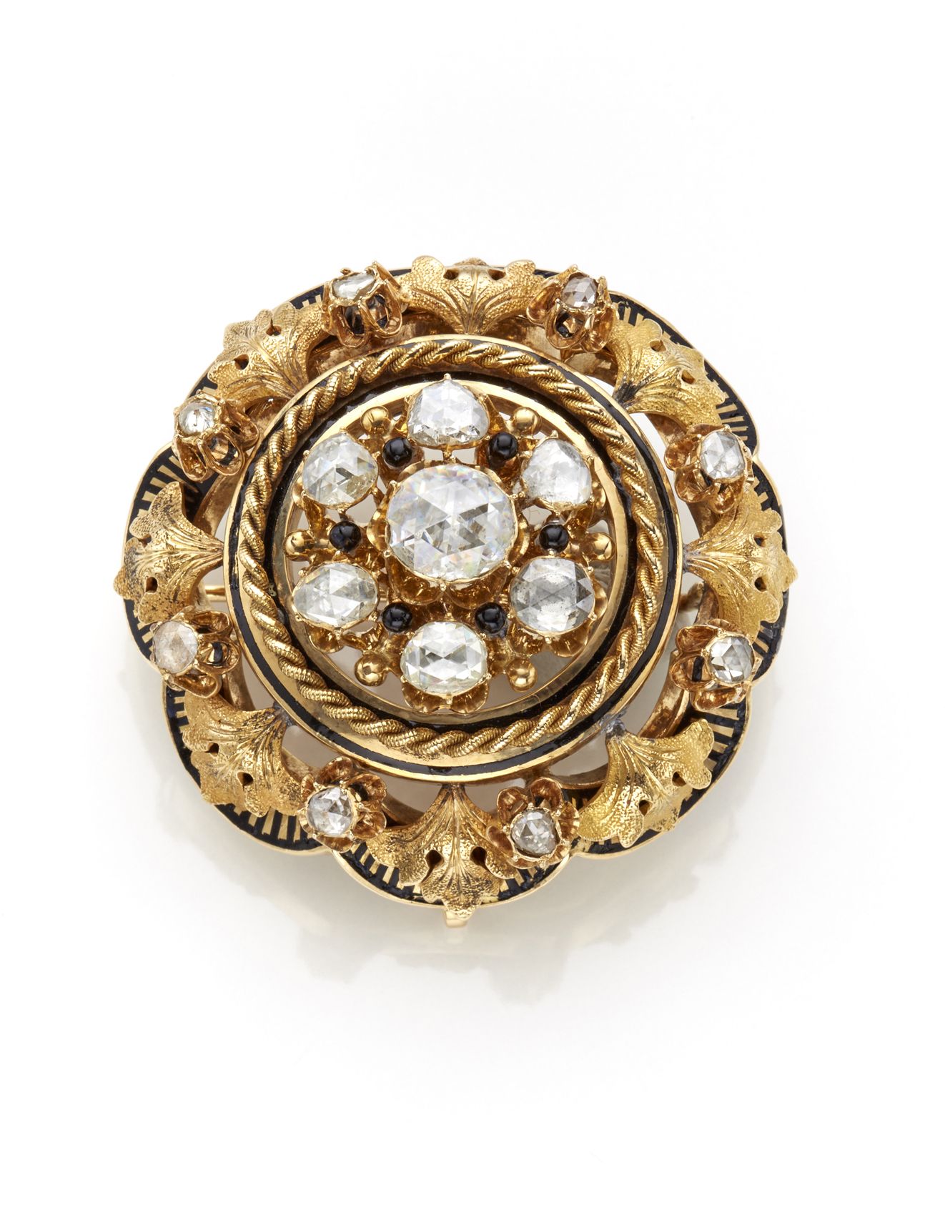 Null Yellow gold rose cut diamond and black enamel brooch/pendant, g 26.28 circa&hellip;