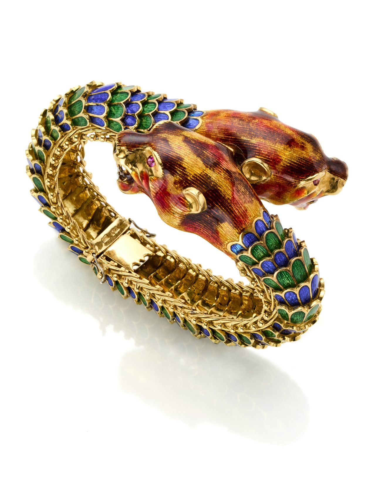 Null Two feline shaped yellow gold contrariè bracelet accented with enamels, g 1&hellip;