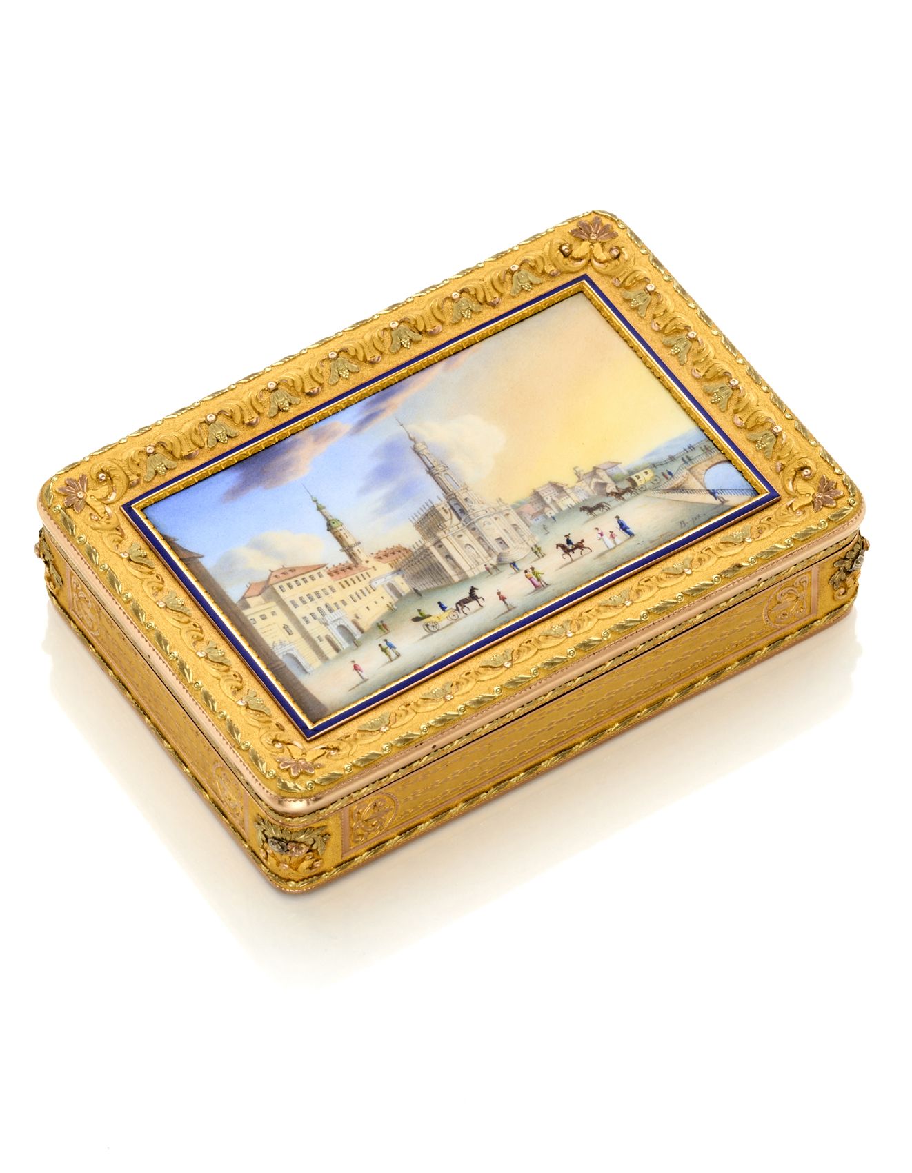 Null German vari-colour gold rectangular snuff-box with rounded corners, the lid&hellip;