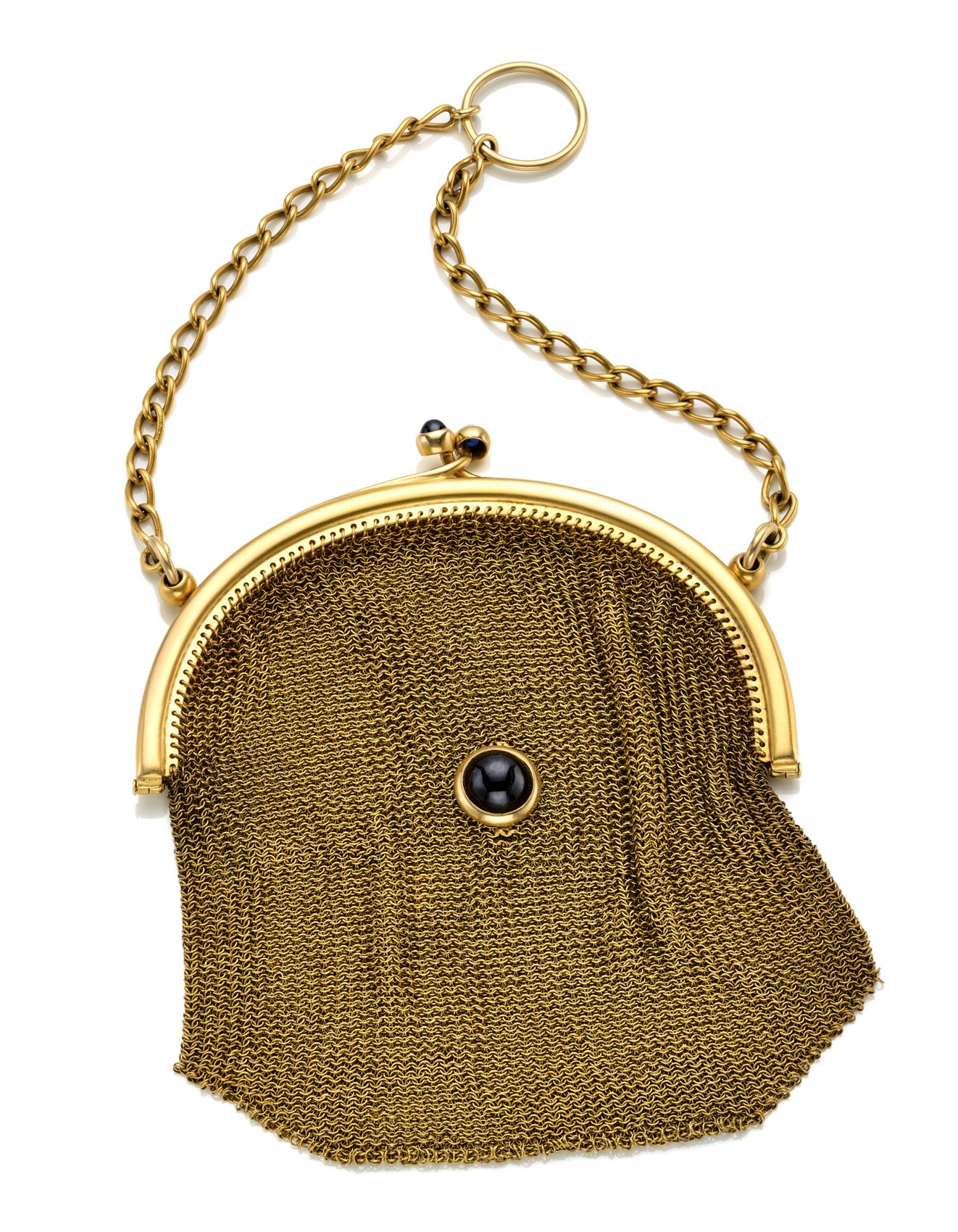 Null Abendtasche aus Gelbgoldnetz mit einer Kette von ca. Cm 24, verziert mit zw&hellip;