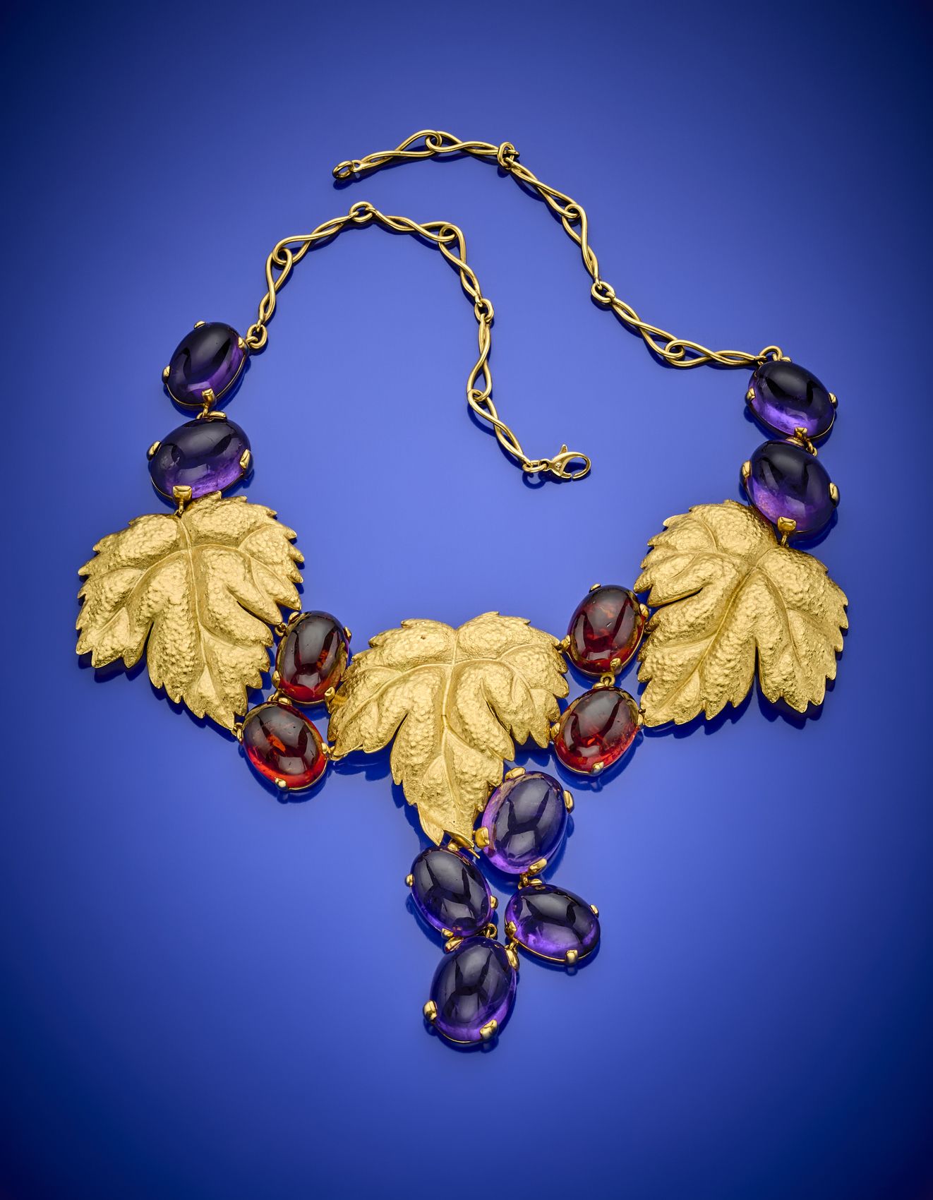 Null Yellow gold vine shaped necklace with cabochon amethyst and citrine quartz,&hellip;