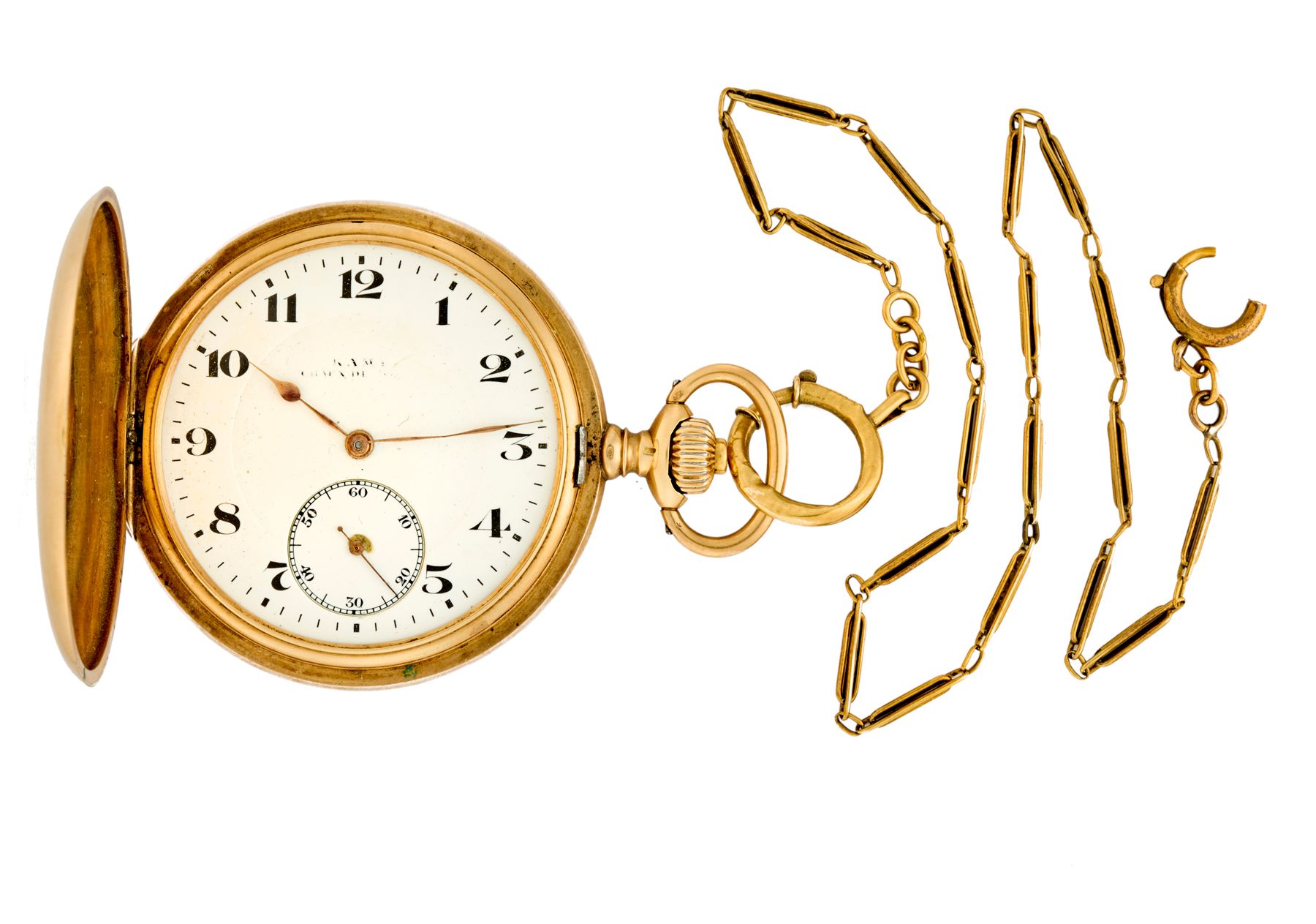 Null Taschenuhr aus 14K Gold
20. Jahrhundert
Handaufzugswerk
weißes Zifferblatt &hellip;