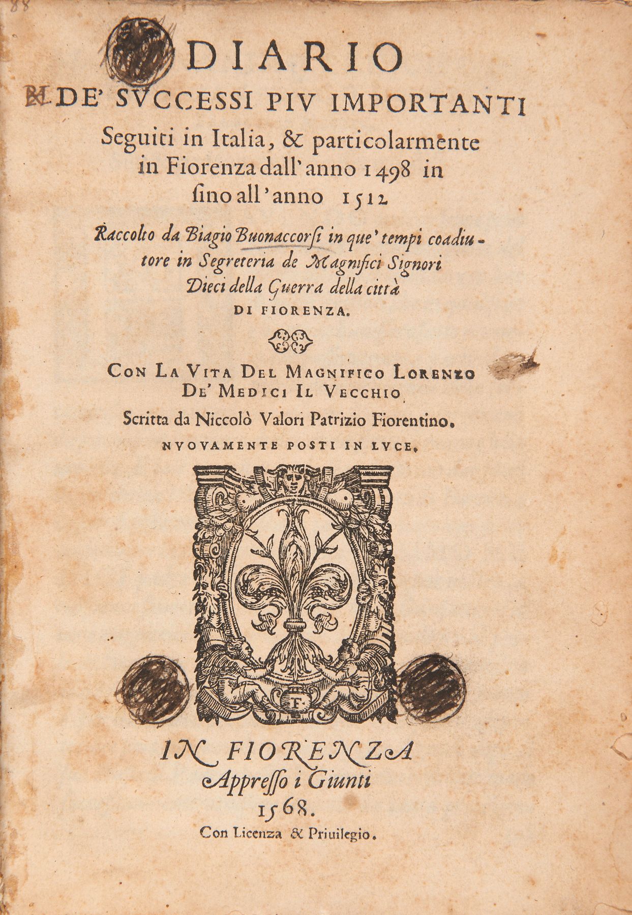 Null [FIRENZE] - BUONACCORSI Biagio (1472-ca.1522) - Diario de' successi piu imp&hellip;