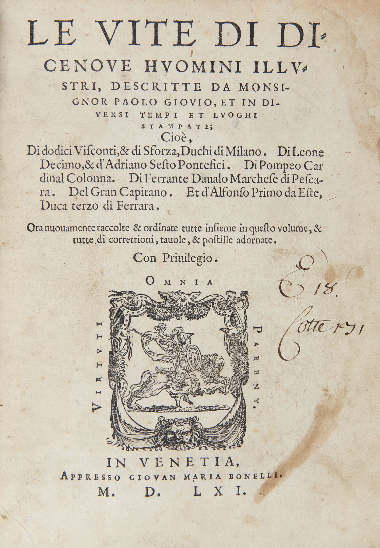 Null GIOVIO, Paolo (1483-1552) - Le vite di dicenove huomini illustri. Venecia: &hellip;