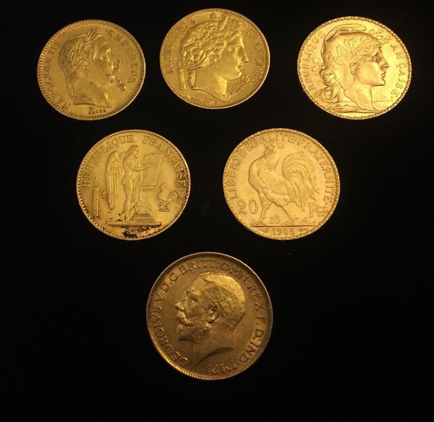 Null Cinq pièces en or de 20 FF :
- 1 x 20 FF Napoléon III 1863 BB
- 1 x 20 FF C&hellip;