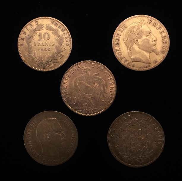 Null Cinq pièces en or de 10 FF :
- 2 x 10 FF Napoléon III tête nue 1859 A et 18&hellip;