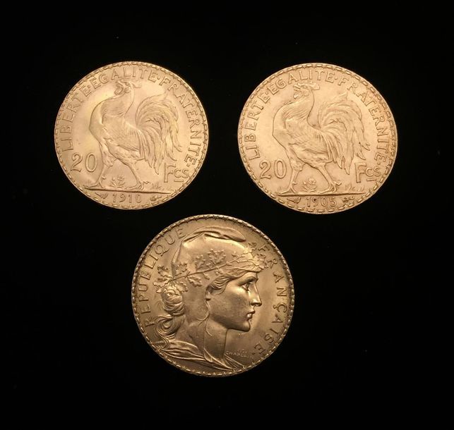 Null Trois pièces en or de 20 FF Coq 
1905, 1910 et 1912