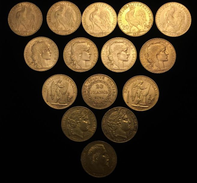 Null 15 pièces en or de 20 FF : 
- 9 x 20 FF Coq (1901 - 2 x 1907 - 1908 - 1909 &hellip;