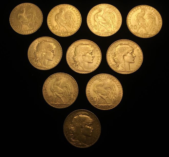 Null Dix pièces en or de 20 FF Coq
1904 - 7 x 1908 - 1911 - 1912
