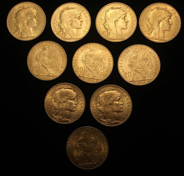 Null Dix pièces en or de 20 FF Coq
2 x 1907 - 1908 - 5 x 1910 - 2 x 1914