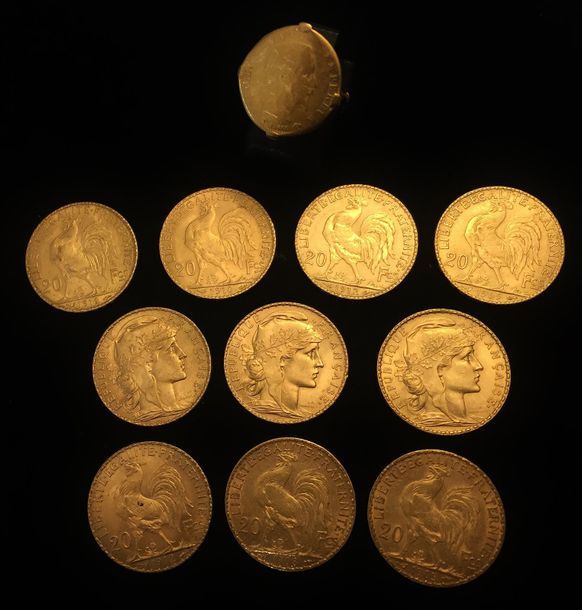 Null Dix pièces en or de 20 FF Coq
2 x 1905 - 1908 - 2 x 1909 - 2 x 1910 - 3 x 1&hellip;