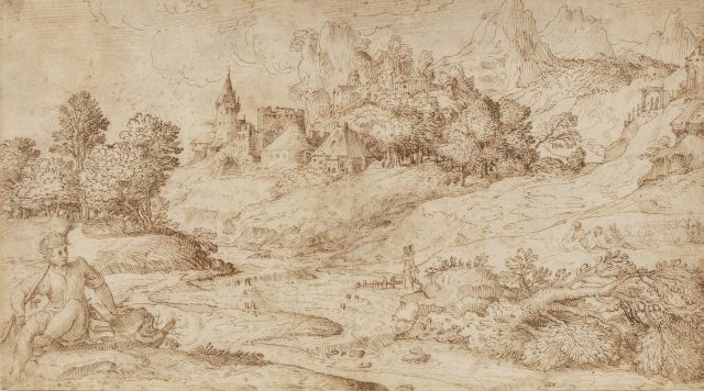 Null Attribué à Domenico CAMPAGNOLA (Padoue 1500 – 1564) 
Paysage avec un paysan&hellip;