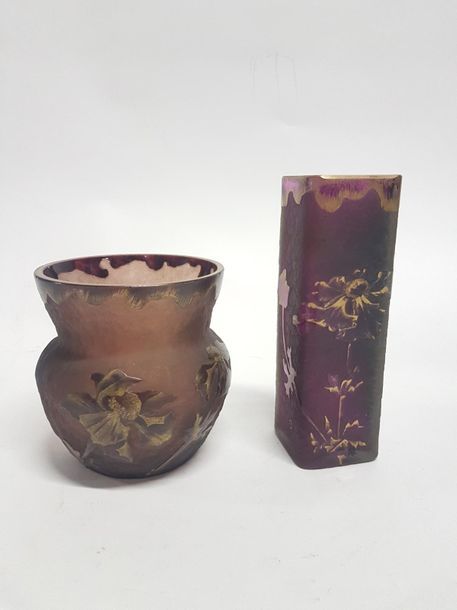 Null LEGRAS Cie
Suite de deux vases en verre givré teinté violet.
Décor émaillé &hellip;