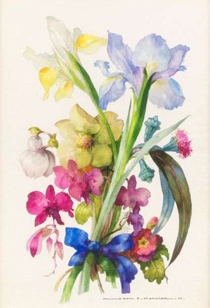 Null Jean Adrien MERCIER (1899-1995) 
Composition aux fleurs et au nœud bleu 
Aq&hellip;