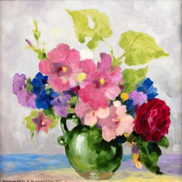 Null Jean Adrien MERCIER (1899-1995) 
Bouquet de fleurs au vase vert 
Huile sur &hellip;