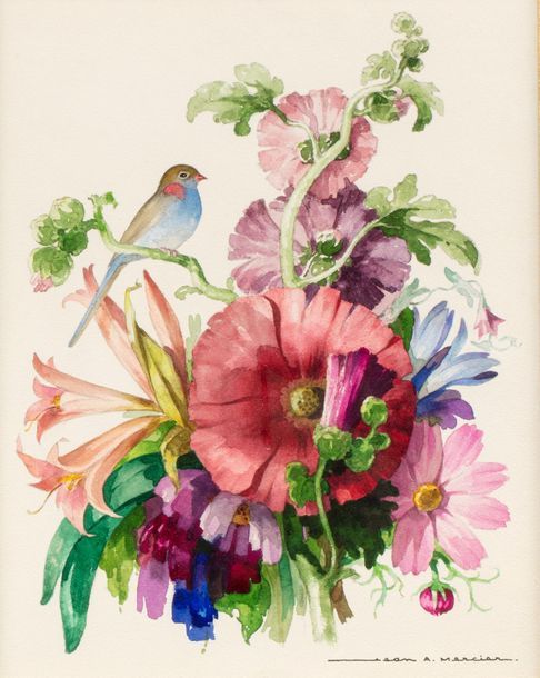 Null Jean Adrien MERCIER (1899-1995) 
Composition aux fleurs et oiseau 
Aquarell&hellip;