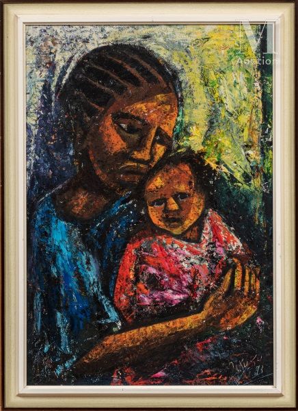 Nkusu FELELO (né en 1914) 母亲和孩子，1973年

纸板油画，右下角有签名和日期

63,5 x 43 cm



出处 :

私人收&hellip;