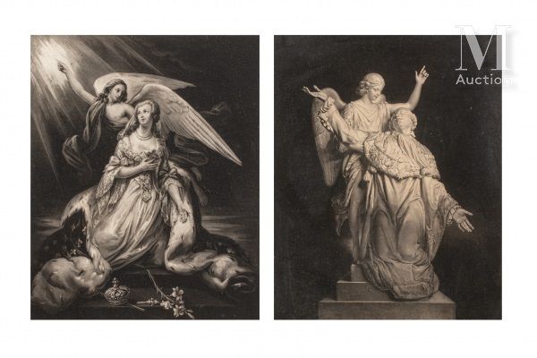 LOUIS XVI et MARIE-ANTOINETTE. 一对美丽的寓言版画，名为 "路易十六的神化 "和 "玛丽-安托瓦内特的神化"，第一幅是根据保存在巴&hellip;