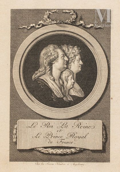 Famille royale de France. 显示路易十六、玛丽-安托瓦内特和路易十七轮廓的版画，标题为 "法国国王、王后和皇家王子"。由奥格斯堡的克劳伯&hellip;