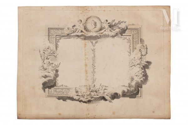 Louis XV, roi de France et de Navarre. 菜单或戏剧草案，对开页，左侧空白，装饰有云中艺术和音乐的小精灵，顶部是国王路易十五&hellip;