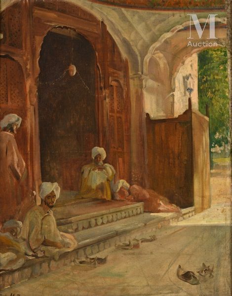 F. L MADRAZO (Actif au XIX ème siècle) Hommes assis devant la mosquée, Inde

Hui&hellip;