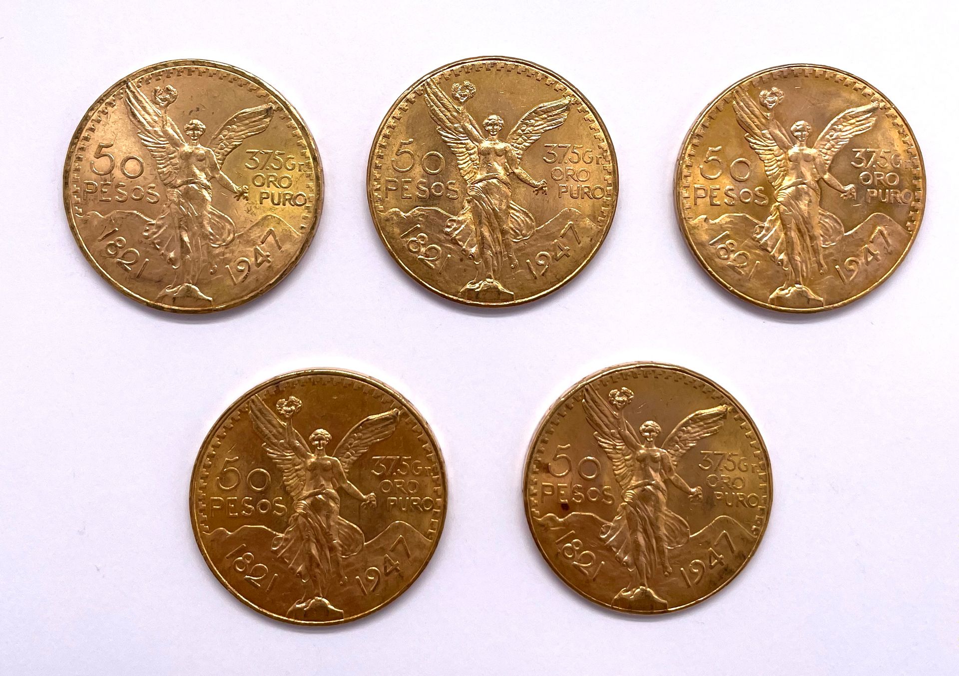 Null Mexique 

Lot de cinq monnaies de 50 Pesos 1943

A : La Victoire ailée de f&hellip;