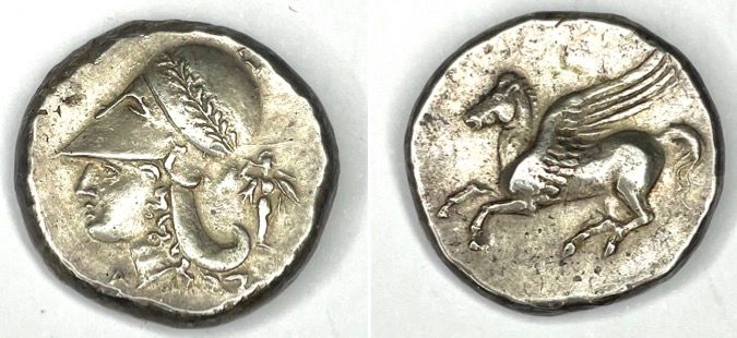 Null Corinthe – (350-306 av J.C)

Un Statère au Pégase

A : Tête d’Athéna à gauc&hellip;