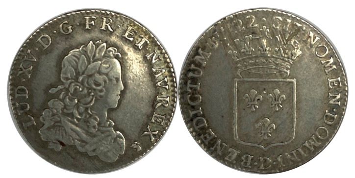 Null France – Louis XV (1715-1774)

1/3 Écu de France 1722 D (Lyon)

A : Tête ju&hellip;