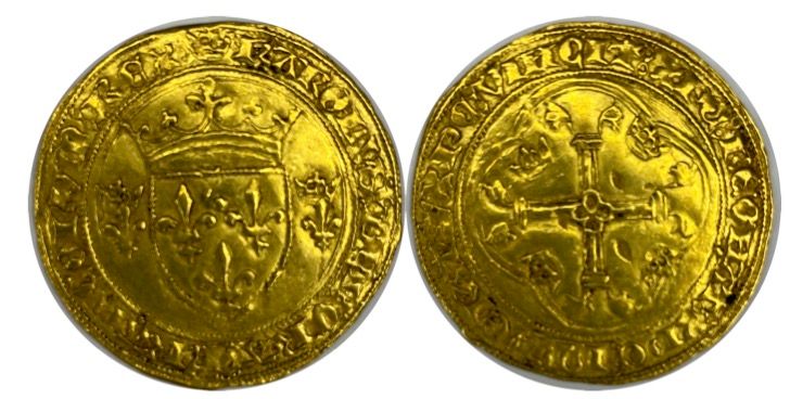 Null 法国--查理七世(1422-1461)

1445年图尔奈的金盾牌与皇冠

A: 在两朵冠状百合花之间有法国的冠状盾牌

R：十字花科四裂的

状态：&hellip;