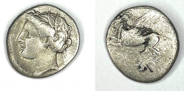 Null Corinthe – (350-339 av J.C)

Drachme au Pégase

A : Tête d’Aréthuse à gauch&hellip;