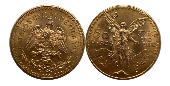 Null 墨西哥

一枚1945年的50比索硬币

A: 胜利之翼的正面

R: 伸着翅膀的鹰，击倒了一条蛇

材质 : 黄金

重量：41.67克