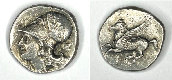 Null 科林斯 - (公元前350-306年)

与珀加索斯的关系

A : 雅典娜头像在左边，戴着科林斯头盔

R：飞马在左边飞行

状态：VG (已清洁)&hellip;