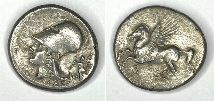 Null 科林斯 - (公元前386-307年)

与珀加索斯的关系

A : 雅典娜头像在左边，戴着科林斯头盔

R：飞马在左边飞行

条件 : B

重量：&hellip;