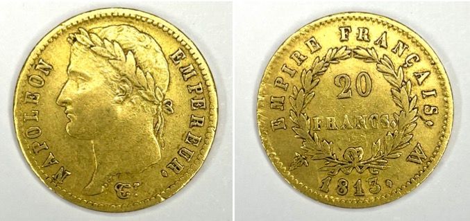Null 法国--拿破仑皇帝(1804-1814)

一枚1813年W的20法郎硬币（里尔）。

A : 拿破仑一世左侧的桂冠头像

R：封闭式月桂花环

状态&hellip;