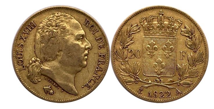 Null France - Louis XVIII (1814 - 1824) 

Une monnaie de 20 Francs 1822 A (Paris&hellip;